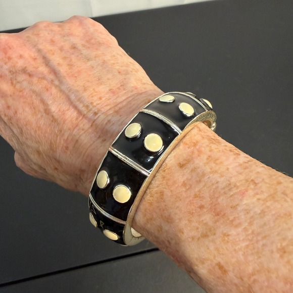 Premiere Design Enamel Black and Cream Polka Dot Hinge Bracelet Cuff - Picture 5 of 11